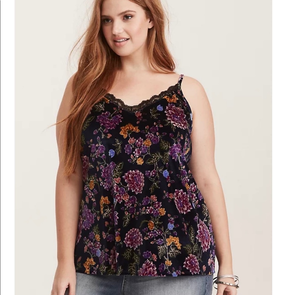 FLORAL PRINT VELVET LACE TRIM CAMI